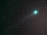 2014 01 15 Comet Lovejoy 18x45s  On January 15, 2015 I decided to try to get more detail on the very bright comet C/2014 Q2 Lovejoy.  This interpretation integrates 18-45 sec images and it shows very interesting linear features in the tail of the comet. I captured the image with an unmodified Canon T5i equipped with a 200mm lens. Image processed with PixInsight.  Date:1/15/15 Location: Hutville, OH Mount: AstroTrac Camera: Canon T5i Optics: Canon 200mm f/2.8 lens Exposure: 16x48 secs Processing: PixInsight